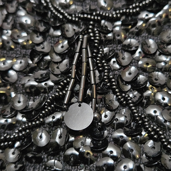 Vintage Sz Small Hand Beaded 100% Wool Boat Neck Whimsical Black Sequin Blouse - Picture 12 of 15